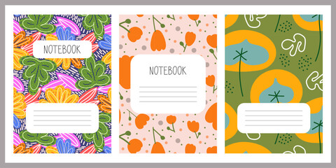 Set of colorful cover page templates for print products, stationery, notebooks, workbooks, diaries, brochures, planners. Vector illustrations, layout background composition designs