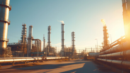 Wall Mural - Photography of high tower pipelines outside a large chemical plant at sunset