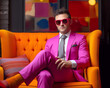 © Feathering Flower - Portrait of a man in a hot pink suit, white shirt and gray tie wearing red sunglasses sitting on an orange sofa.