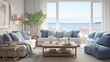 © ZUBI CREATIONS - Living room interior , A coastal-inspired living room in the blue and white Nordic style, offering a view of the beach and ocean