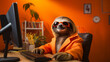 © Alexander LW - sloth at the computer. generative ai.concept lazy company worker.
