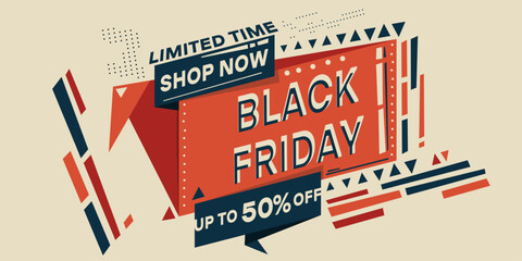 Poster - Black Friday, banner with a bullhorn. 50% off, shop now. Sale banner template design, big sale special offer. Discount. Limited Time. Avant-garde retro style.