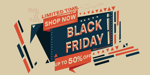 Poster - Black Friday, banner with a bullhorn. 50% off, shop now. Sale banner template design, big sale special offer. Discount. Limited Time. Orange letters on blue background.
