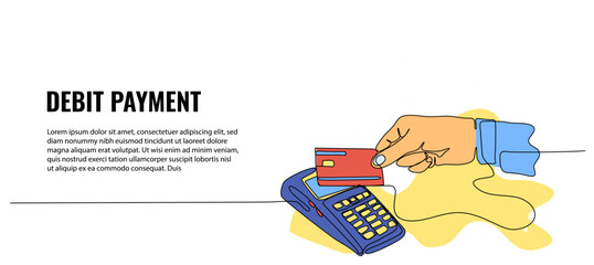 Vector illustration of pay with debit card. Modern flat in continuous line style.