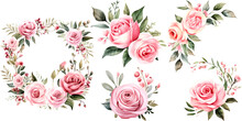 Beautiful Wedding Wreath With Pink Rose Flowers Watercolor Elements Set.