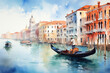 Gondola in Venice canal. Watercolor painting of historic Italian landmark. Multicolored on paper, illustrating a world-famous view.