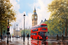 Vivid Strokes On Canvas Capture London's Essence: Iconic Red Buses Cruise Past Big Ben, Painting The Historic Tapestry Of England's Vibrant Capital.