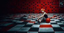 Young Hipster Girl With Red Hair Sits With Basketball Ball On Checkered Flooring