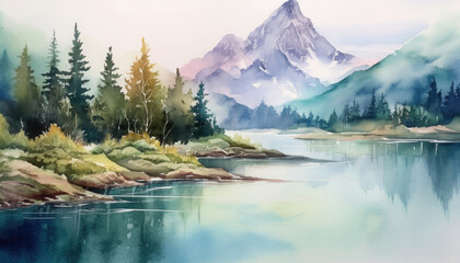 Wall Mural - Watercolor mountain landscape with serene lake and trees.