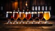 Celebrating Craft: Beer Glasses on Wooden Pub Bar, generative Ai