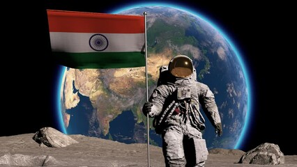 Wall Mural - lunar astronaut walks on the moon with indian flag, sticks it into the lunar surface, and salutes. s