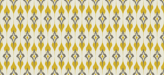 Wall Mural - Motif ethnic handmade beautiful Ikat art print. Ethnic abstract floral botanical yellow background art folk embroidery, Damask, Indian, Asia, Moroccan, and Turkey style. Printed fabric art ornament.