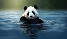 Giant Panda In Water. Habitat Loss Concept.