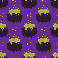 Wall Mural - Magic Halloween seamless pattern. Magical cauldron witch, stars night. Purple cute print.