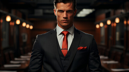 Wall Mural - Portrait of a handsome man in a black suit and red tie.