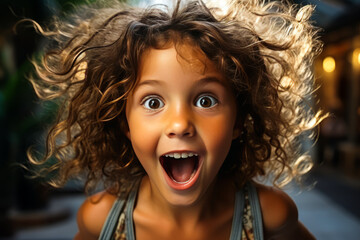 enthralling close-up of a surprised, joyous little girl expressing pure innocence and childlike exhi