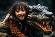 Captivating scene of an Asian girl warmly embracing a fearsome, lifelike Jurassic dinosaur in a themed park. An intriguing mix of adorable and scary elements piques interest.