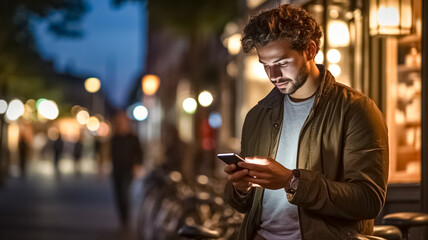 Portrait of a handsome young man wearing casual clothes and using smartphone on the urban night street. Handsome young man using phone outdoor.