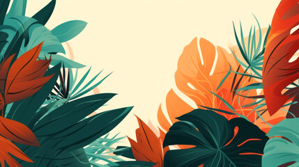  Background  with tropical leaves, 70's art style. Ai generative.