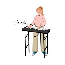 Woman Pianist Playing, Beautiful Girl With A Synthesizer. Flat Vector Illustration.