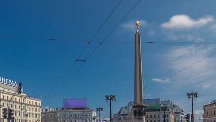 Wall Mural - Timelapse hyperlapse of Vosstaniya Rebellion Square and Obelisk, Hero City Leningrad. St. Petersburg, Russia. Traffic on the road intersection