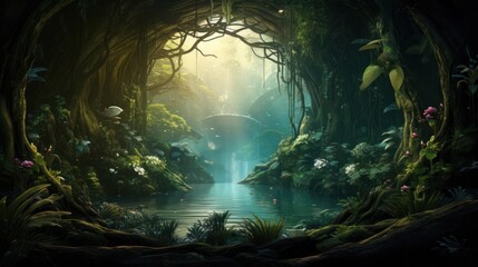 Wall Mural - Dark fantasy landscape with forest.