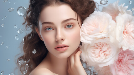 woman wrapped in water droplets and flowers on light background, moisturized, moisturizing, cosmetic