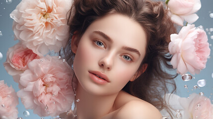 woman wrapped in water droplets and flowers on light background, moisturized, moisturizing, cosmetic