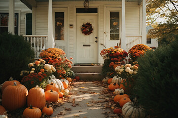 Front door entrance decorating with pumpkins and flowers. Autumn, fall concept. Generative AI.