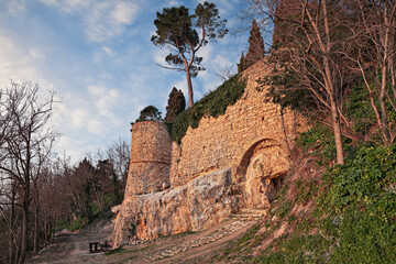 Sticker - Bertinoro, Forli-Cesena, Emilia-Romagna, Italy: the medieval walls of the ancient hill town