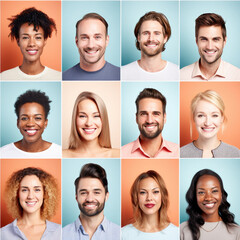 photo collage portrait of multiracial smiling people with different ages looking at camera. mosaic o