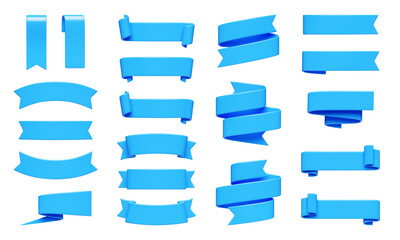 Poster - Blue ribbon banner 3d render set.