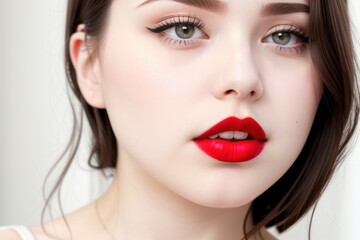  Face of beauty young model woman with hair style. Perfect skin, natural nude makeup. Bright saturated Red lips on white pale face extra closeup. Skincare facial treatment concept