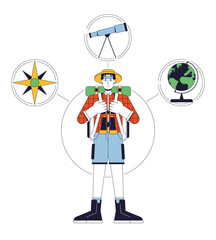 Poster - Explorer person archetype flat line concept vector hero illustration. Traveler with backpack 2D cartoon outline character on white for web UI design. Psychology editable isolated color hero image