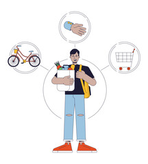 Poster - everyman person archetype flat line concept vector hero illustration. man with backpack and grocery 