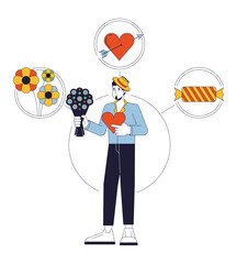 Poster - lover person archetype flat line concept vector hero illustration. caucasian man with flowers and ca