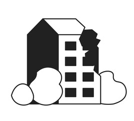 Poster - Broken building monochrome flat vector object. Damages after catastrophe. Editable black and white thin line icon. Simple cartoon clip art spot illustration for web graphic design