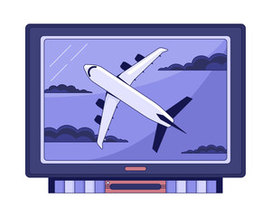 Fototapete - FIlm on tv flat line color isolated vector object. Flying plane on display. Editable clip art image on white background. Simple outline cartoon spot illustration for web design