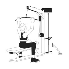 Poster - Woman grasping bar on lat pulldown machine flat line black white vector character. Editable outline full body person. Increasing back muscles simple cartoon isolated spot illustration for web design