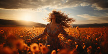 Beautiful Woman In Dress Standing With Arms Outstretched In Flower Field At Sunset,  Generative AI Illustration