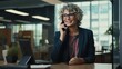 © Nadine - Happy smiling mature mid aged business woman, cheerful 40 years old professional lady executive manager or entrepreneur talking on phone making business call - generative AI, fiction Person