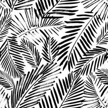 Brush Drawn Palm Leaves Seamless Pattern. Abstract Tropical Foliage Background. Grunge Tropical Leaves Texture. Foliage Ornament With Exotic Branches. Vector Natural Seamless Pattern.