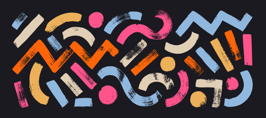 Poster - Colorful abstract geometric shapes and bold brush lines vector collection. Hand drawn circles, straight thick lines, zigzag and curved smears. Grunge texture isolated shapes.