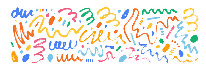 Leinwandbilder - Pencil and brush colorful curly lines and squiggles. Childish scribble brush strokes vector set. Hand drawn marker scribbles, curved lines. Multi colored pencil sketches. Squiggles and daubs isolated.