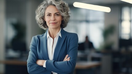 Confident mid aged Latin professional business woman corporate leader, happy mature female executive, elegant lady manager of middle age standing in office - generative AI, fiction Person