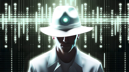 Canvas Print - Hacker with white hat. Concept of ethical hacking, dark web, cybercrime, cyberattack
