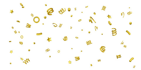 Wall Mural - golden confetti stars, spirals, ribbons. 3d confetti template isolated on white background