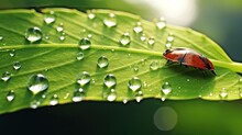 The Morning Dewdrops And The Ladybug On Fresh, Young Green Leaves Glisten Under The Sunlight In The Wild, Up Close