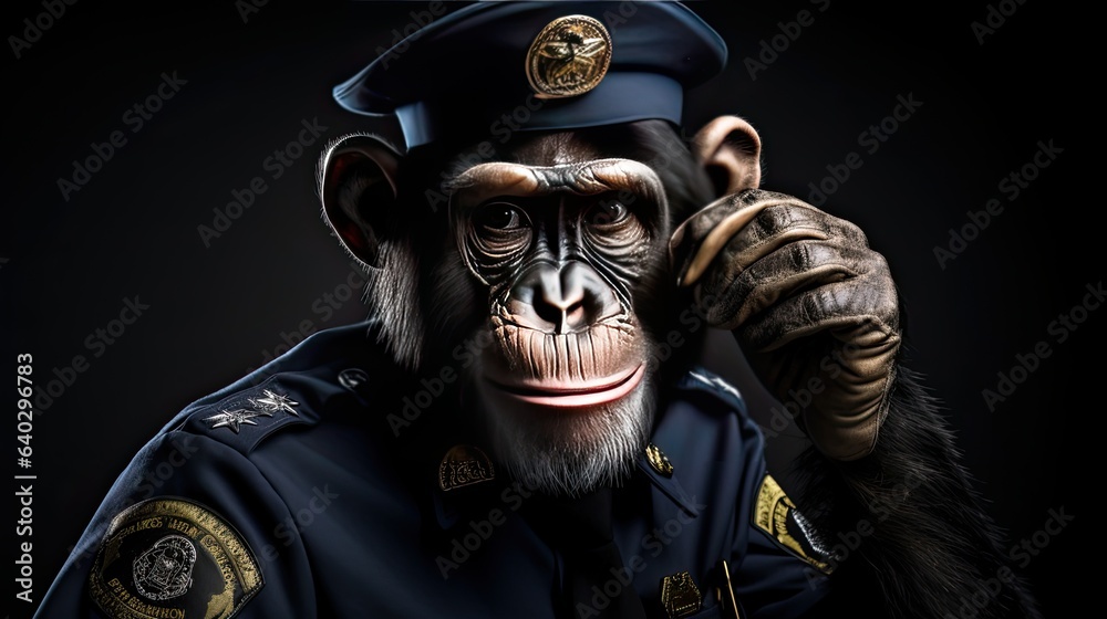 Capturing the chimp in a tiny police uniform, complete with a badge and ...