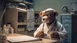 © Filip - A delightful scene in a mock medical room where the chimp, wearing a white lab coat and a stethoscope around its neck, attentively examines a toy teddy bear patient, mirroring the attentive gaze